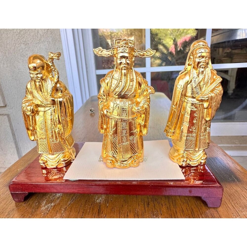 VTG Risis Singapore 24k Gold Plated  Fu Lu Shou Deities Ruler Figurines Set of 3